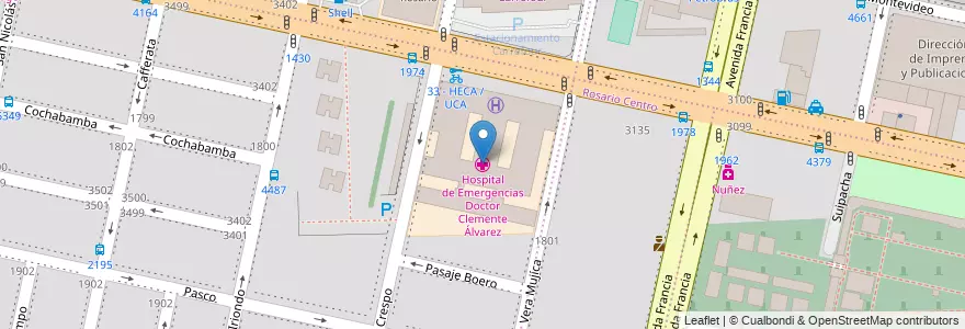 Mapa de ubicacion de Hospital de Emergencias Doctor Clemente Álvarez en Arjantin, Santa Fe, Departamento Rosario, Municipio De Rosario, Rosario.