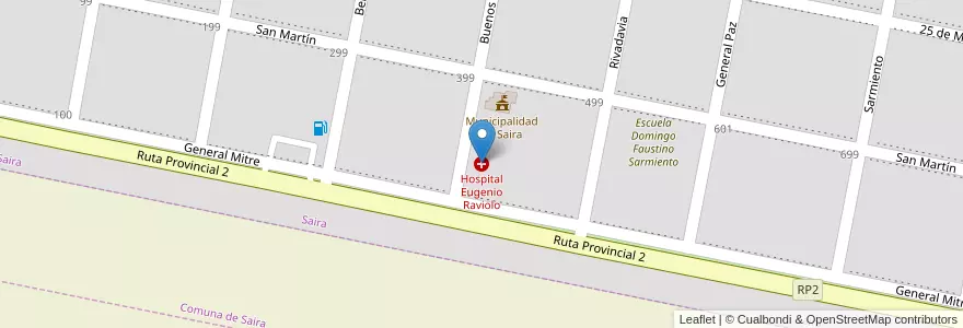 Mapa de ubicacion de Hospital Eugenio Raviolo en アルゼンチン, コルドバ州, Departamento Marcos Juárez, Pedanía Colonias, Comuna De Saira, Saira.