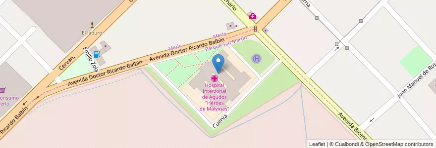 Mapa de ubicacion de Hospital Interzonal de Agudos "Héroes de Malvinas" en 아르헨티나, 부에노스아이레스주, Partido De Merlo, Parque San Martín, Merlo.