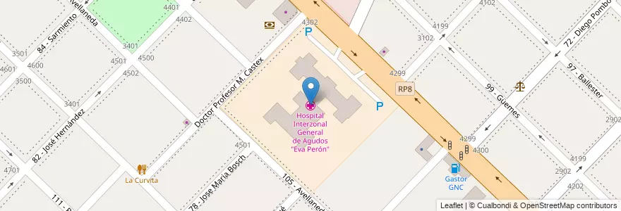 Mapa de ubicacion de Hospital Interzonal General de Agudos "Eva Perón" en アルゼンチン, ブエノスアイレス州, Partido De General San Martín, Billinghurst.