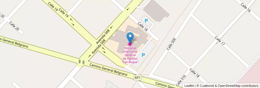 Mapa de ubicacion de Hospital Interzonal General de Agudos "San Roque", Gonnet en 아르헨티나, 부에노스아이레스주, Partido De La Plata, Manuel B. Gonnet.