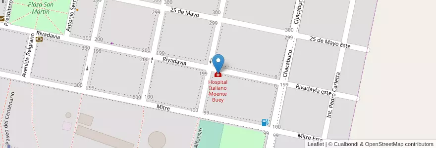 Mapa de ubicacion de Hospital Italiano Moente Buey en Argentina, Córdoba, Departamento Marcos Juárez, Pedanía Saladillo, Municipio De Monte Buey, Monte Buey.