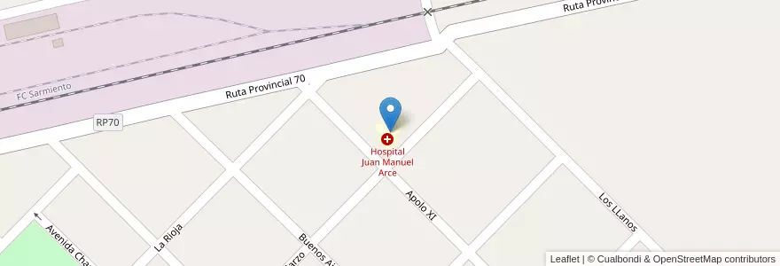 Mapa de ubicacion de Hospital Juan Manuel Arce en アルゼンチン, ブエノスアイレス州, Partido De Nueve De Julio, Cuartel Quiroga.