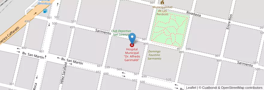 Mapa de ubicacion de Hospital Municipal "Dr. Alfredo Garimaldi" en Argentinien, Provinz Córdoba, Departamento Tercero Arriba, Pedanía Punta Del Agua, Municipio De Las Perdices, Las Perdices.