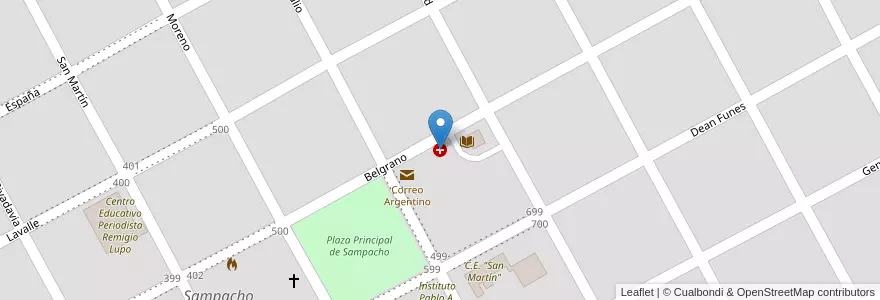 Mapa de ubicacion de Hospital Municipal Juan B. Medeot en アルゼンチン, コルドバ州, Departamento Río Cuarto, Pedanía Achiras, Municipio De Sampacho, Sampacho.