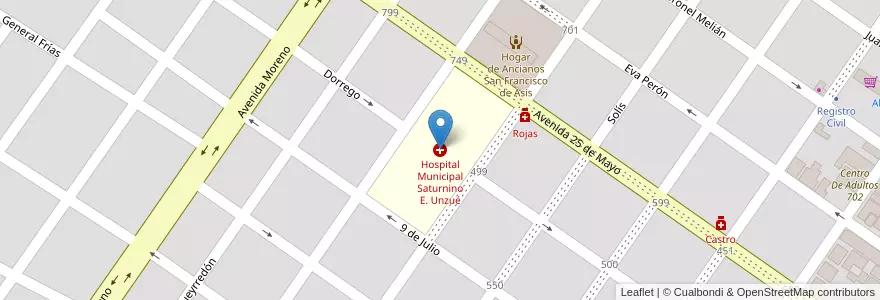 Mapa de ubicacion de Hospital Municipal Saturnino E. Unzué en آرژانتین, استان بوئنوس آیرس, Partido De Rojas, Rojas.