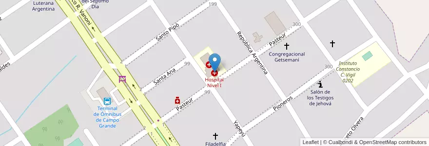 Mapa de ubicacion de Hospital Nivel I en アルゼンチン, ミシオネス州, Departamento Cainguás, Municipio De Campo Grande, Campo Grande.