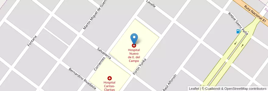 Mapa de ubicacion de Hospital Nuevo de E. del Campo en アルゼンチン, フォルモサ州, Departamento Patiño, Municipio De Estanislao Del Campo, Estanislao Del Campo.
