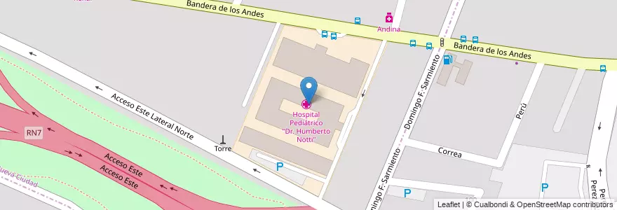 Mapa de ubicacion de Hospital Pediátrico "Dr. Humberto Notti" en Argentina, Chile, Mendoza, Departamento Guaymallén, Distrito Nueva Ciudad.