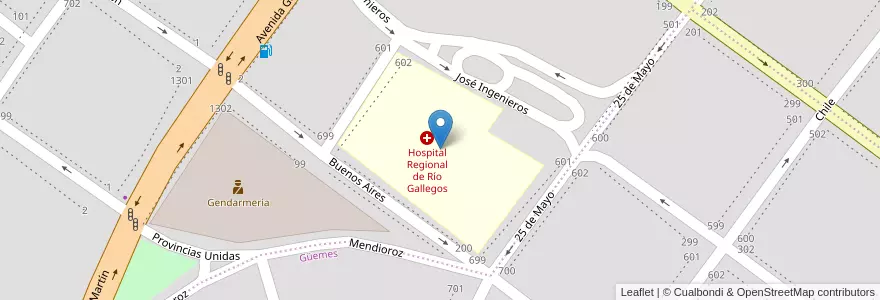 Mapa de ubicacion de Hospital Regional de Río Gallegos en Arjantin, Şili, Santa Cruz, Güer Aike, Municipio De Río Gallegos, Río Gallegos.