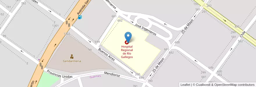 Mapa de ubicacion de Hospital Regional Rio Gallegos Santa Cruz en アルゼンチン, チリ, サンタクルス州, Güer Aike, Municipio De Río Gallegos, Río Gallegos.