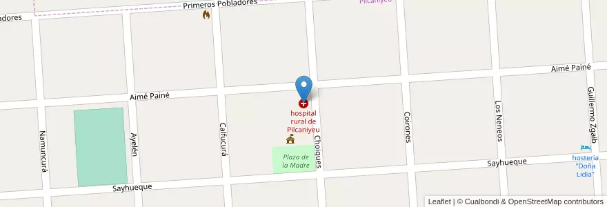 Mapa de ubicacion de hospital rural de Pilcaniyeu en 아르헨티나, 칠레, 리오네그로주, Departamento Pilcaniyeu, Pilcaniyeu.