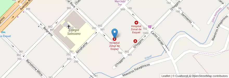 Mapa de ubicacion de Hospital Zonal de Esquel en الأرجنتين, تشيلي, شوبوت, Departamento Futaleufú, Esquel.
