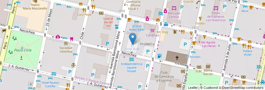 Mapa de ubicacion de Hotel Balbi en الأرجنتين, تشيلي, Mendoza, Departamento Capital, Ciudad De Mendoza.