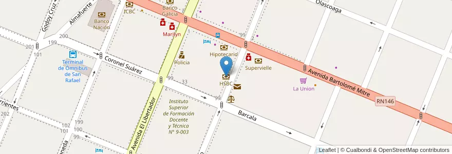 Mapa de ubicacion de HSBC en アルゼンチン, チリ, メンドーサ州, San Rafael, Distrito Ciudad De San Rafael, Departamento San Rafael.