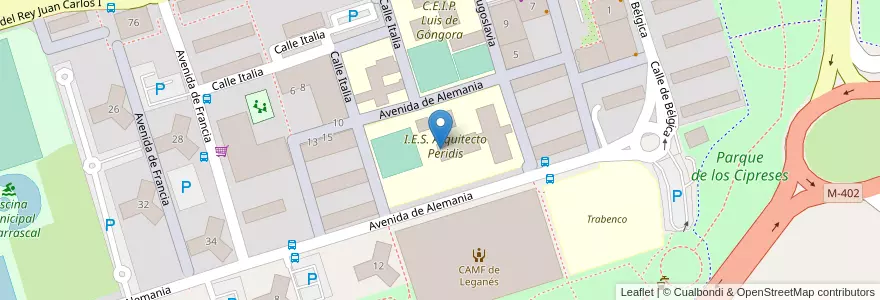 Mapa de ubicacion de I.E.S. Arquitecto Peridis en إسبانيا, منطقة مدريد, منطقة مدريد, Área Metropolitana De Madrid Y Corredor Del Henares, Leganés.