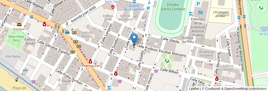 Mapa de ubicacion de Iglesia Bautista Evangélica Fe en スペイン, アンダルシア州, アルメリア, アルメリア.