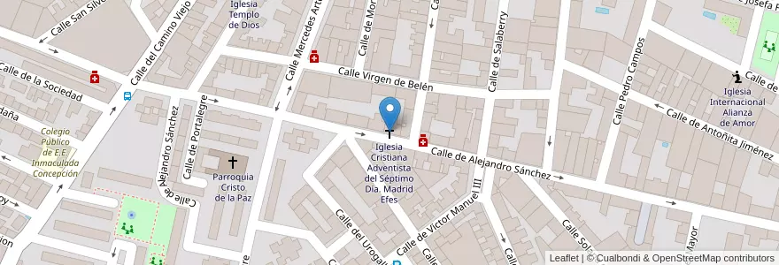 Mapa de ubicacion de Iglesia Cristiana Adventista del Séptimo Día. Madrid Efes en Espagne, Communauté De Madrid, Communauté De Madrid, Área Metropolitana De Madrid Y Corredor Del Henares, Madrid.