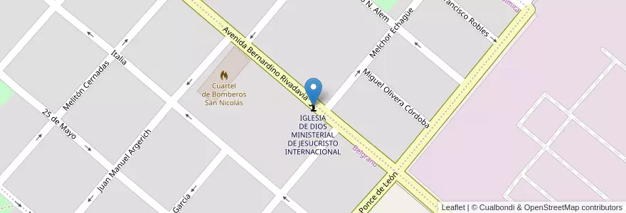 Mapa de ubicacion de IGLESIA DE DIOS MINISTERIAL DE JESUCRISTO INTERNACIONAL en Argentina, Buenos Aires, Partido De San Nicolás, San Nicolás De Los Arroyos.