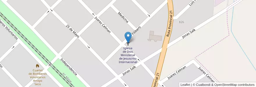 Mapa de ubicacion de Iglesia de Dios Ministerial de Jesuscrito Internacional en アルゼンチン, サンタフェ州, Departamento Rosario, Municipio De Arroyo Seco, Arroyo Seco.