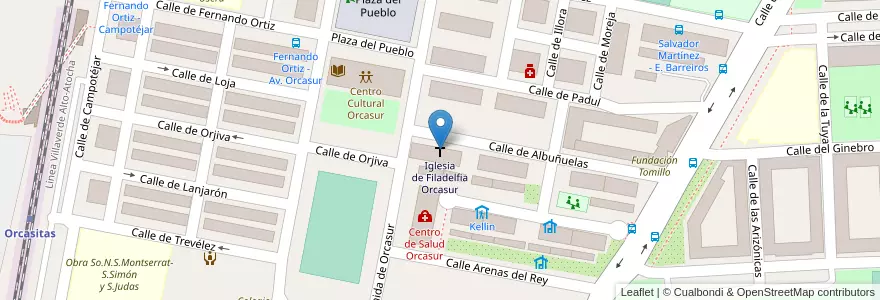 Mapa de ubicacion de Iglesia de Filadelfia Orcasur en Espanha, Comunidade De Madrid, Comunidade De Madrid, Área Metropolitana De Madrid Y Corredor Del Henares, Madrid.