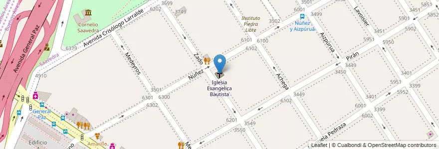 Mapa de ubicacion de Iglesia Evangelica Bautista, Villa Urquiza en Argentinien, Ciudad Autónoma De Buenos Aires, Comuna 12, Buenos Aires.