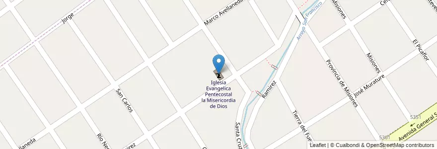 Mapa de ubicacion de Iglesia Evangelica Pentecostal la Misericordia de Dios en Argentina, Buenos Aires, Partido De Almirante Brown, Rafael Calzada.