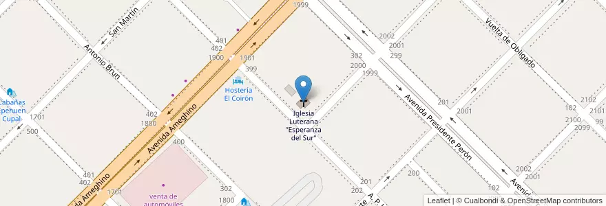 Mapa de ubicacion de Iglesia Luterana ”Esperanza del Sur“ en Arjantin, Şili, Chubut, Departamento Futaleufú, Esquel.