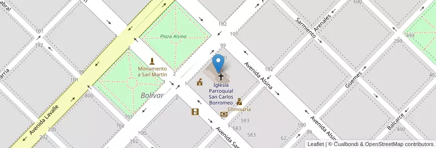 Mapa de ubicacion de Iglesia Parroquial San Carlos Borromeo en Arjantin, Buenos Aires, Partido De Bolívar, Bolívar.