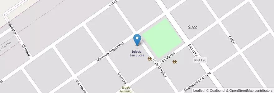 Mapa de ubicacion de Iglesia San Lucas en 아르헨티나, Córdoba, Departamento Río Cuarto, Pedanía Achiras, Comuna De Suco, Suco.