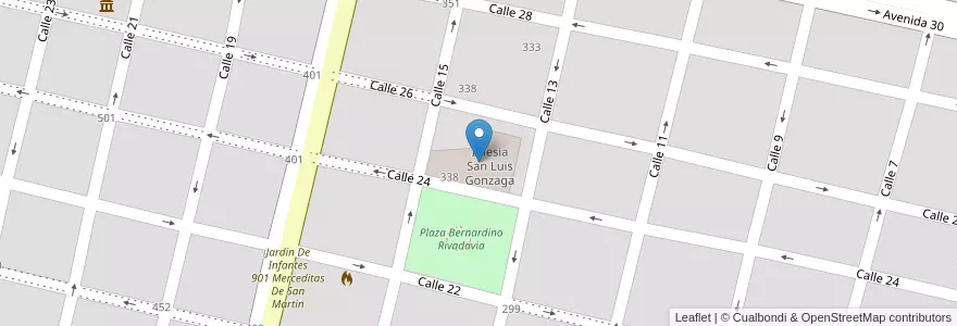 Mapa de ubicacion de Iglesia San Luis Gonzaga en 아르헨티나, 부에노스아이레스주, Partido De Mercedes, Mercedes.