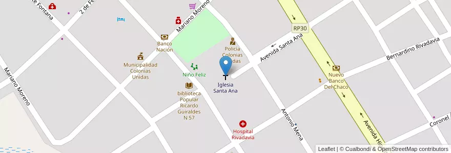 Mapa de ubicacion de Iglesia Santa Ana en アルゼンチン, チャコ州, Departamento Sargento Cabral, Municipio De Colonias Unidas, Colonias Unidas.