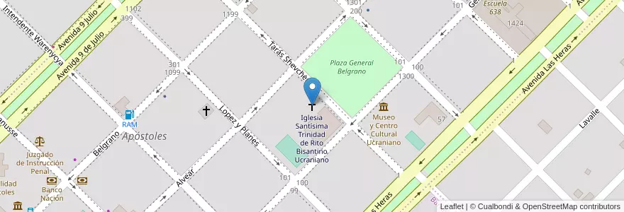 Mapa de ubicacion de Iglesia Santísima Trinidad de Rito Bisantino Ucraniano en アルゼンチン, ミシオネス州, Departamento Apóstoles, Municipio De Apóstoles, Apóstoles.