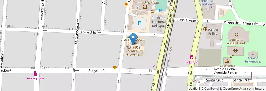 Mapa de ubicacion de Instituto de Educacion Superior (IES) 9-008 Manuel Belgrano en アルゼンチン, チリ, メンドーサ州, Departamento Capital, Ciudad De Mendoza, Sección 5ª Residencial Sur.