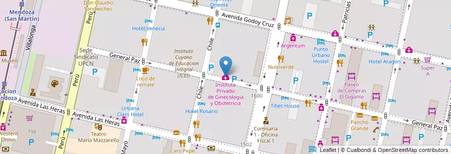 Mapa de ubicacion de Instituto Privado de Ginecologia y Obstetricia en 아르헨티나, 칠레, Mendoza, Departamento Capital, Ciudad De Mendoza.