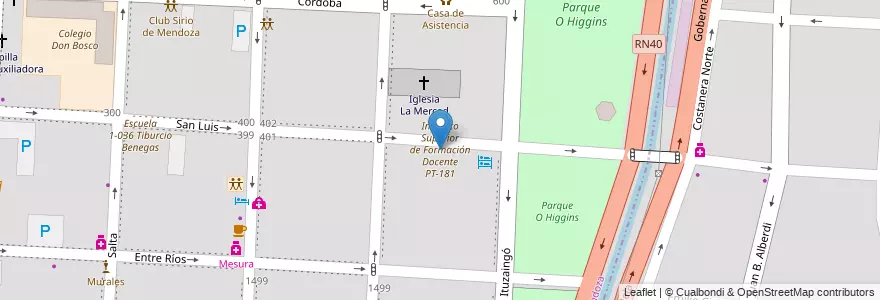 Mapa de ubicacion de Instituto Superior de Formación Docente PT-181 en アルゼンチン, チリ, メンドーサ州, Departamento Capital, Ciudad De Mendoza, Sección 3ª Parque O'Higgins.