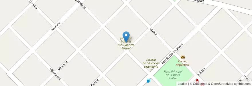 Mapa de ubicacion de Jardín De Infantes 905 Gabriela Mistral en 阿根廷, 布宜诺斯艾利斯省, Partido De Leandro N. Alem.