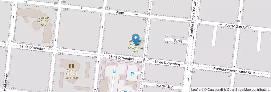 Mapa de ubicacion de jardin de infantes N° 8;Jardín Nº 8 en الأرجنتين, تشيلي, محافظة سانتا كروز, Las Heras, Deseado, Las Heras.