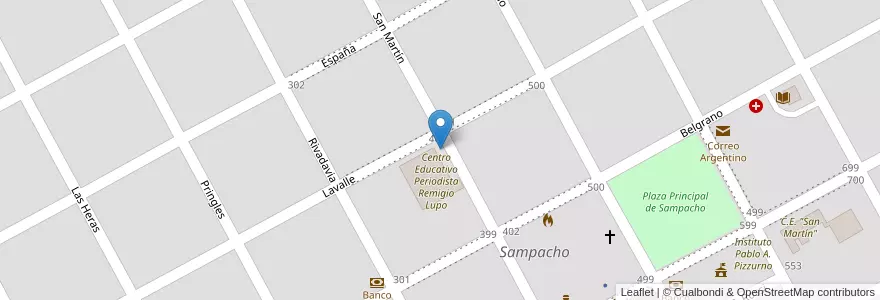 Mapa de ubicacion de Jardín de Infantes Periodista Remigio Lupo en الأرجنتين, Córdoba, Departamento Río Cuarto, Pedanía Achiras, Municipio De Sampacho, Sampacho.