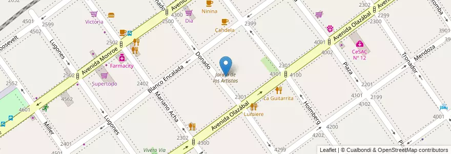 Mapa de ubicacion de Jardín de los Artistas, Villa Urquiza en 阿根廷, Ciudad Autónoma De Buenos Aires, Comuna 12, 布宜诺斯艾利斯.