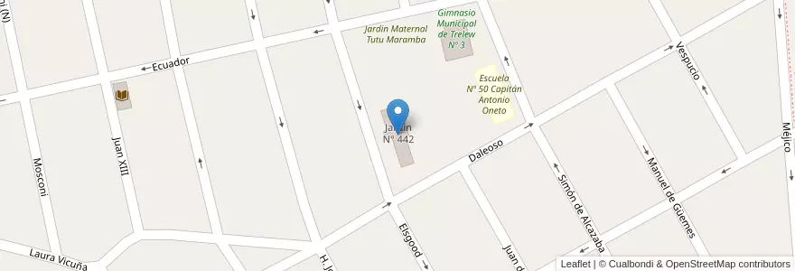 Mapa de ubicacion de Jardín N° 442 en Argentina, Chubut, Trelew, Departamento Rawson.