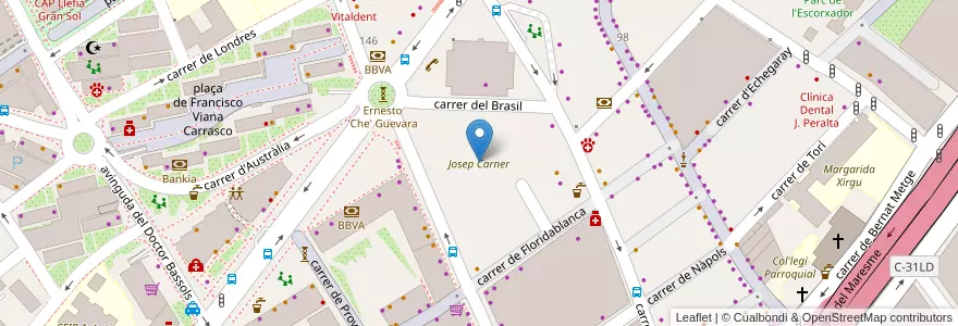 Mapa de ubicacion de Josep Carner en スペイン, カタルーニャ州, Barcelona, バルサルネス, Badalona.