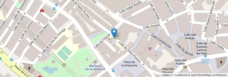 Mapa de ubicacion de Juan XXIII en إسبانيا, منطقة مدريد, منطقة مدريد, Área Metropolitana De Madrid Y Corredor Del Henares, ألكوبينداس.