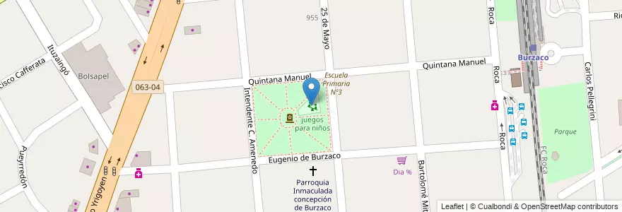 Mapa de ubicacion de juegos para niños en Arjantin, Buenos Aires, Partido De Almirante Brown, Burzaco.