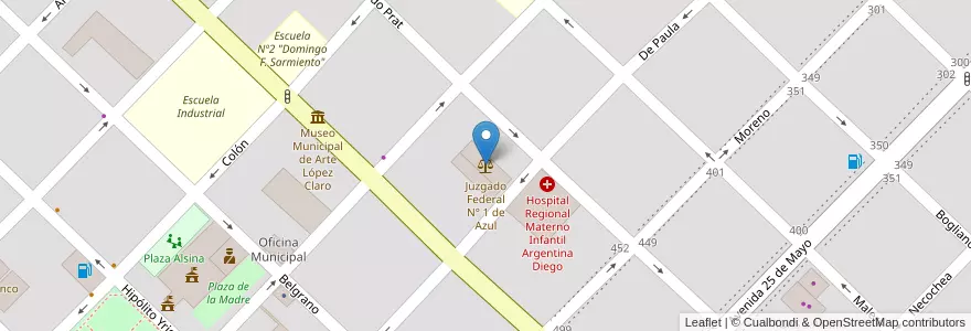 Mapa de ubicacion de Juzgado Federal N° 1 de Azul en 아르헨티나, 부에노스아이레스주, Partido De Azul.