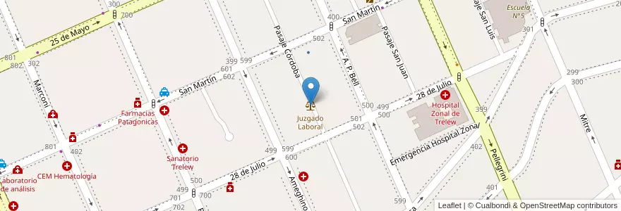 Mapa de ubicacion de Juzgado Laboral en Arjantin, Chubut, Trelew, Departamento Rawson.