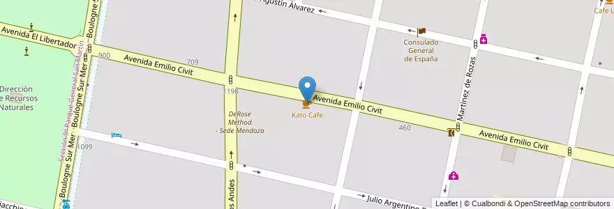 Mapa de ubicacion de Kato Cafe en آرژانتین, شیلی, Mendoza, Departamento Capital, Ciudad De Mendoza, Sección 5ª Residencial Sur.