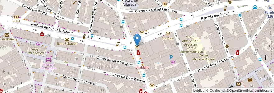 Mapa de ubicacion de Kutxabank en İspanya, Catalunya, Barcelona, Barcelonès, Badalona, Santa Coloma De Gramenet.