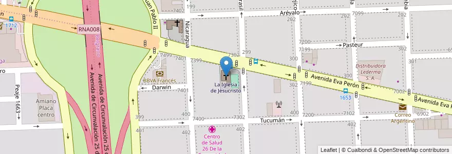 Mapa de ubicacion de La Iglesia de Jesucristo en الأرجنتين, سانتا في, Departamento Rosario, Municipio De Rosario, روساريو.