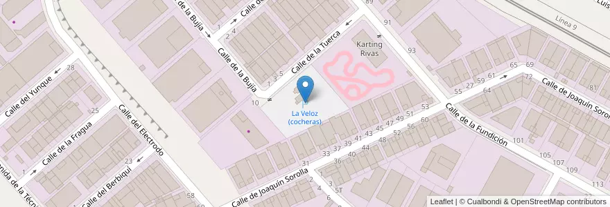 Mapa de ubicacion de La Veloz (cocheras) en スペイン, マドリード州, Comunidad De Madrid, Cuenca Del Henares, Rivas-Vaciamadrid.